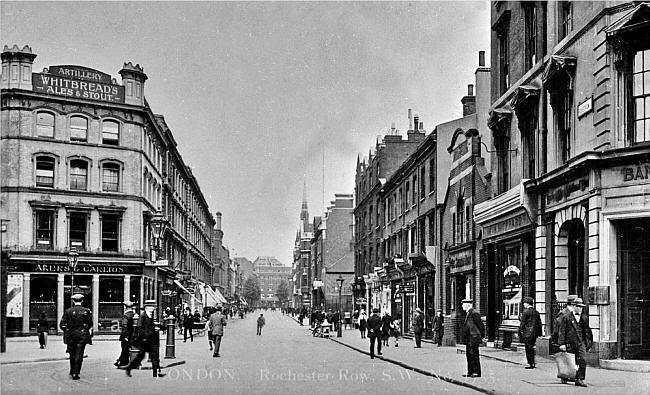 Artillery Arms, 102 Rochester Row, St John, Westminster - circa 1920; at the corner of Rochester Row and Willow Place. Landlords are Akers & Culton. The site is now occupied by a 1980s office block.