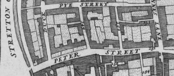 Morgans map of London in 1682 of Peter street, Westminster. The inn of significance is listed as '252 Windmill Inne', and north of Peter street, near to Great St Annes lane.