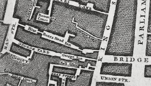 In the John Rocques 1746 Map of London are Blue Boars Head Inn and Yard, and also George Inn and Yard running between King street and De Le Hay street. 