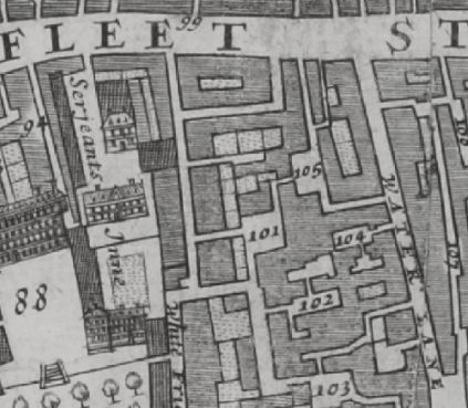 Water Lane off Fleet street in 1682 Morgans Map records 104 Black horse Inne and 105 Bolt & Tunn Inne