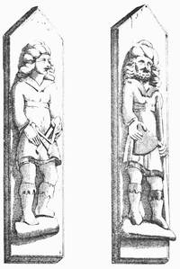 FIGURES IN WOOD AT WOOBURN IN BUCKINGHAMSHIRE, SUPPOSED TO REPRESENT ITINERANT MASONS