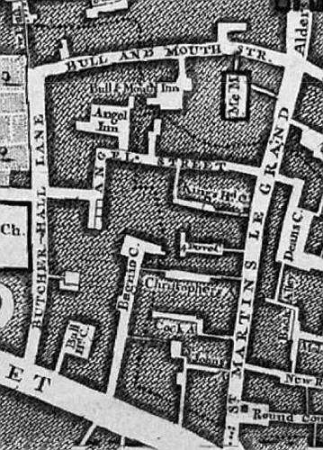 Ancient Mourning Bush Tavern, Aldersgate - in 1746 Rocques map