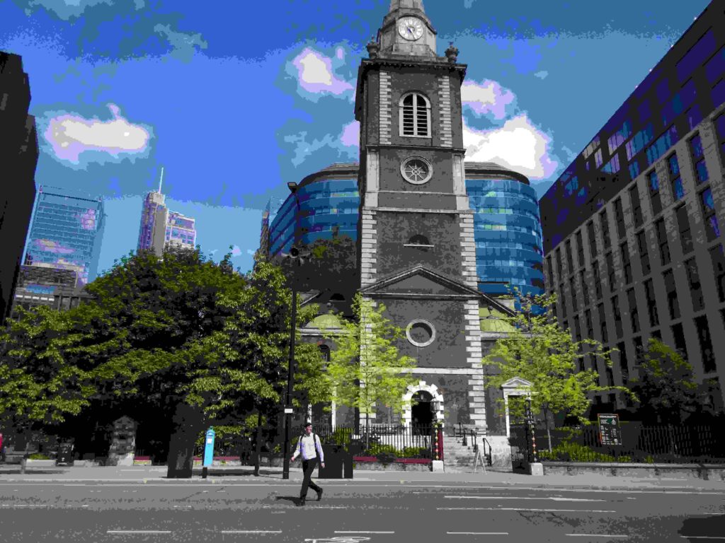 St Botolph without in May 2021, the wall is to the left, as without means outside the wall