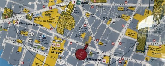 Bank Station, the new entrance in Cannon street on a map inside the station entrance. 
