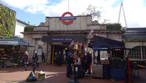 Embankment station in March 2020, the rear entrance, furthest from the river