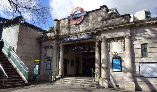 Embankment station in March 2020, the river side entrance, with steps to the bridge