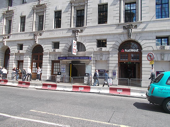 Moorgate entrance to station, opposite the new Liverpool Street Elizabeth line station- in May 2019