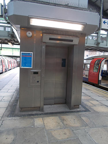 Morden station lift example from platform to street level