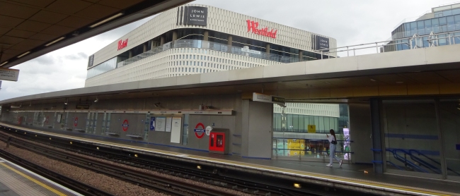 Wood Lane platform view of Westfields shopping centre - in September 2021