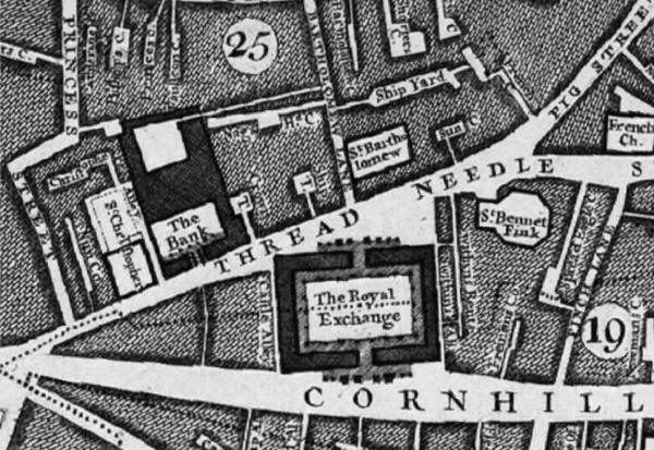 The Royal Exchange in 1746 John Rocques map - Castle alley is on the left