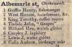 Albemarle street, Clerkenwell 1842 Robsons street directory