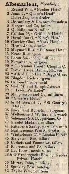 Albemarle street, Piccadilly 1842 Robsons street directory