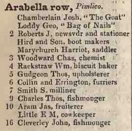 Arabella row, Pimlico 1842 Robsons street directory