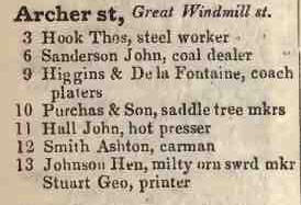 Archer street, Great Windmill street 1842 Robsons street directory