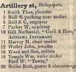 Artillery street, Bishopsgate 1842 Robsons street directory