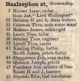 Baalzephon street, Bermondsey 1842 Robsons street directory