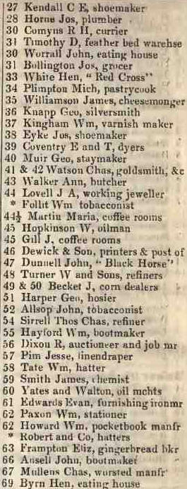 27 - 69 Barbican, Cripplegate.  1842 Robsons street directory