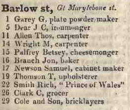 Barlow street, Great Marylebone street 1842 Robsons street directory