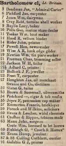 Bartholomew close, Little Britain 1842 Robsons street directory