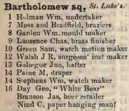 Bartholomew square, St Lukes 1842 Robsons street directory