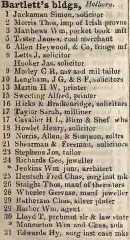Bartletts buildings, Holborn 1842 Robsons street directory