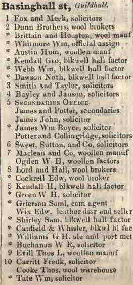 1 - 10 Basinghall street, Guildhall 1842 Robsons street directory