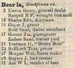 Bear lane, Blackfriars road 1842 Robsons street directory