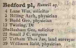 Bedford place, Russell square 1842 Robsons street directory