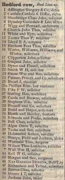 Bedford row, Red Lion square 1842 Robsons street directory