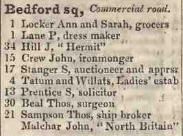 Bedford square, Commercial road 1842 Robsons street directory