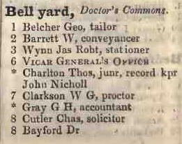 1 - 8 Bell yard, Doctors commons 1842 Robsons street directory