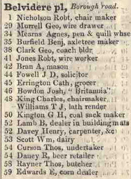 Belvidere place, Borough road 1842 Robsons street directory