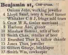 Benjamin street, Cow cross 1842 Robsons street directory