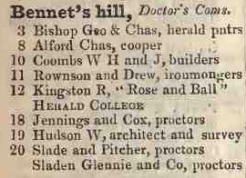 Bennetts hill, Doctors commons 1842 Robsons street directory