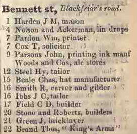 1 - 22 Bennett street, Blackfriars road 1842 Robsons street directory