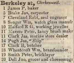Berkeley street, Clerkenwell 1842 Robsons street directory