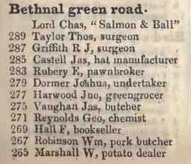 289 - 265 Bethnal Green road 1842 Robsons street directory