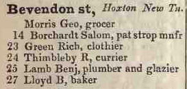 Bevendon street, Hoxton New town 1842 Robsons street directory