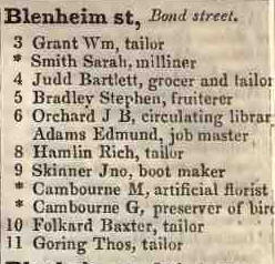 Blenheim street, Bond street 1842 Robsons street directory