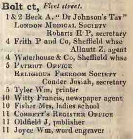 Bolt court, Fleet street 1842 Robsons street directory