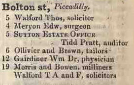 Bolton street, Piccadilly 1842 Robsons street directory