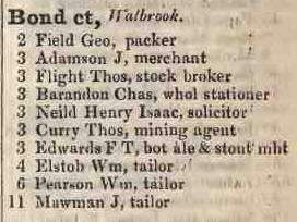Bond court, Walbrook  1842 Robsons street directory