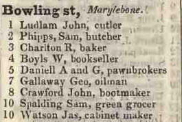 Bowling street, Marylebone 1842 Robsons street directory