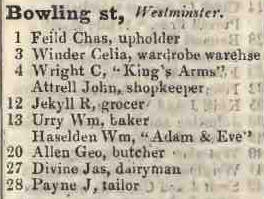 Bowling street, Westminster 1842 Robsons street directory