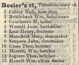 Boziers court, Tottenham court road  1842 Robsons street directory
