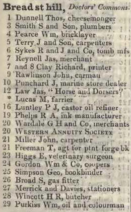 Bread street hill, Doctors commons 1842 Robsons street directory