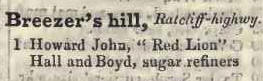 Breezers hill, Ratcliff 1842 Robsons street directory