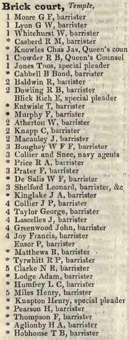 Brick court, Temple 1842 Robsons street directory