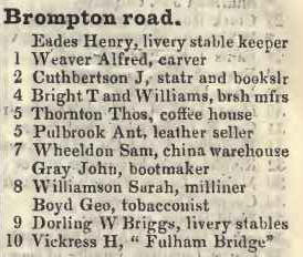 Brompton road 1842 Robsons street directory