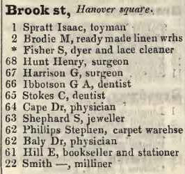 Brook street, Hanover square 1842 Robsons street directory